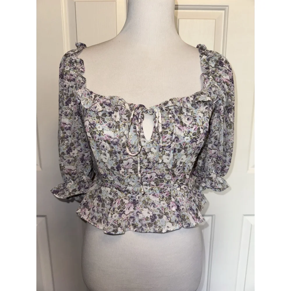 ASTR The Label Blue Ditsy Floral Corset Peplum Blouse Cottagecore Romantic Top S